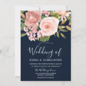 Roos Gold Blush Flowers Navy Wedding Kaart (Voorkant)