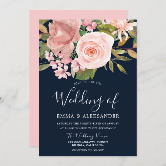 Roos Gold Blush Flowers Navy Wedding Kaart (Voorkant / Achterkant)