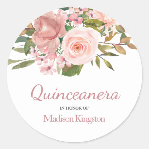 Roos Gold & Blush Flowers Quinceanera Favor Ronde Sticker