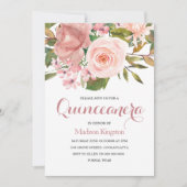 Roos Gold & Blush Flowers Quinceanera Party Invite Kaart (Voorkant)