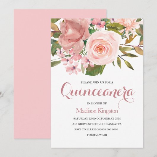 Roos Gold & Blush Flowers Quinceanera Party Invite Kaart (Voorkant / Achterkant)