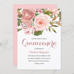Roos Gold & Blush Flowers Quinceanera Party Invite Kaart