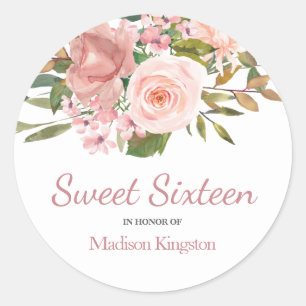 Roos Gold & Blush Flowers Sweet 16 Favor Ronde Sticker