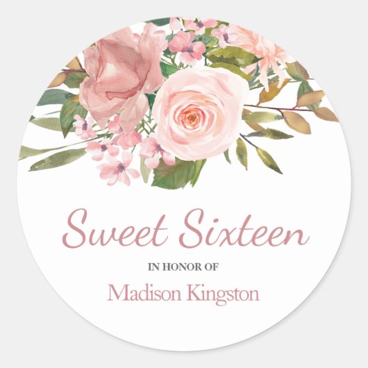Roos Gold & Blush Flowers Sweet 16 Favor Ronde Sticker (Voorkant)