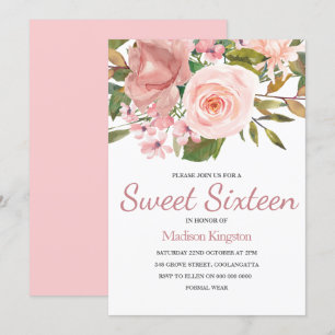 Roos Gold & Blush Flowers Sweet 16 Invite Kaart