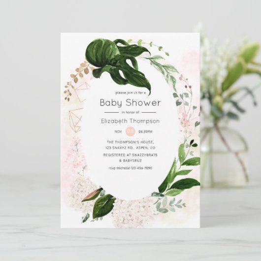 Roos Gold & Blush Geometric Greenery Baby shower Kaart (Staand voorkant)