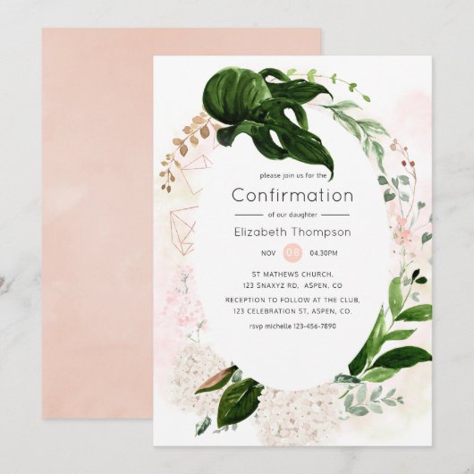 Roos Gold & Blush Geometric Greenery Bevestiging Kaart (Voorkant / Achterkant)