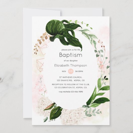 Roos Gold & Blush Geometrisch groen Dopen Kaart (Voorkant)