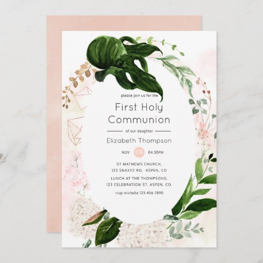 Roos Gold Blush Geometrisch groen Heilige Communie Kaart (Voorkant / Achterkant)