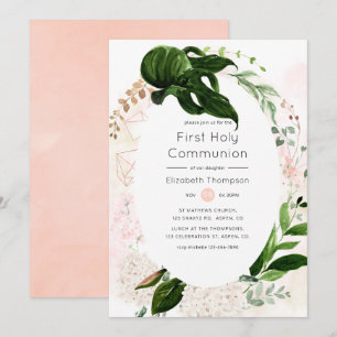 Roos Gold Blush Geometrisch groen Heilige Communie Kaart