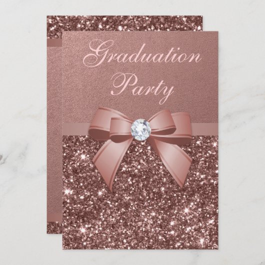 Roos Gold Blush Glitter Bow Graduparty Kaart (Voorkant / Achterkant)