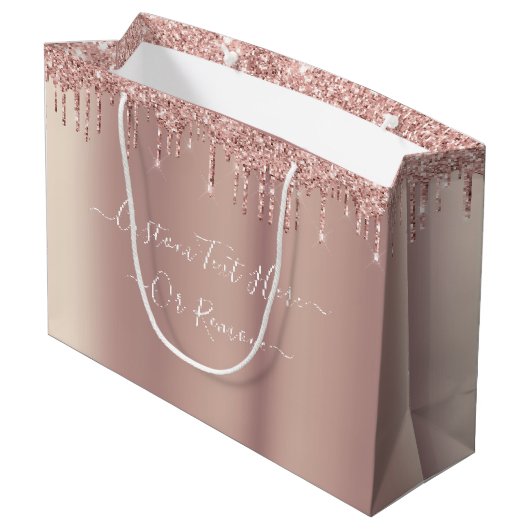 Roos Gold Blush Glitter Custom Text Gift Bag Groot Cadeauzakje (Achterkant Gekanteld)