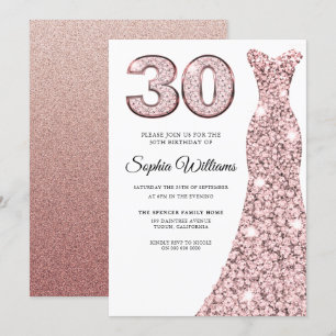 Roos Gold Blush Glitter Dress 30th Birthday Party Kaart