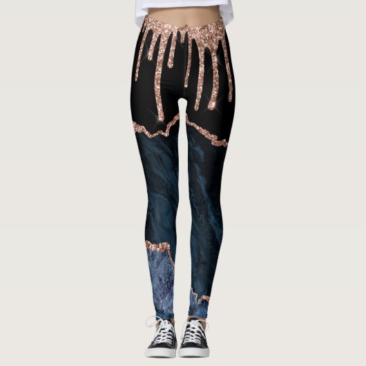 Roos Gold Blush Glitter Drip Navy Black Leggings (Voorkant)