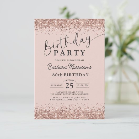 Roos Gold Blush Glitter Elke Leeftijd 80e Verjaard Kaart (Staand voorkant)