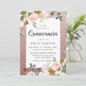 Roos Gold Blush Glitter Floral Modern Quinceanera Kaart (Staand voorkant)