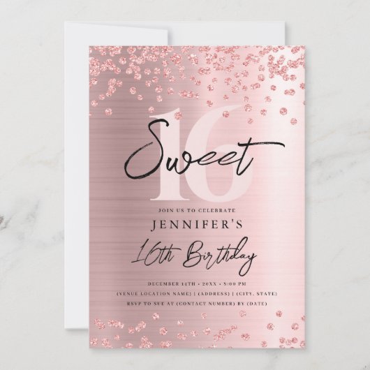 Roos Gold Blush Glitter Foto Sweet 16 Party Kaart (Voorkant)