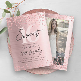 Roos Gold Blush Glitter Foto Sweet 16 Party Kaart