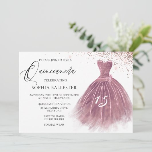 Roos Gold Blush Glitter Gown Quinceanera Party Kaart (Staand voorkant)