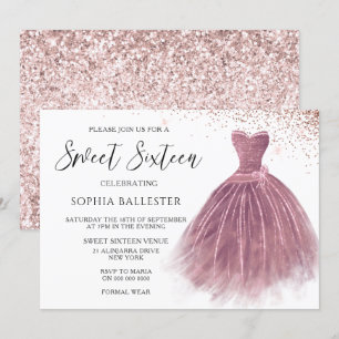 Roos Gold Blush Glitter Gown Sweet 16 party Kaart