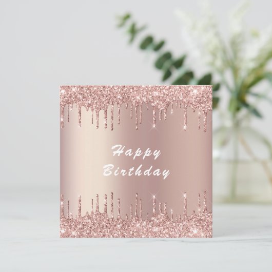 Roos Gold Blush Glitter Happy Birthday Kaart (Staand voorkant)