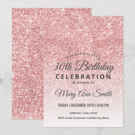 Roos Gold Blush Glitter Sparkle 30e verjaardag Kaart (Voorkant / Achterkant)