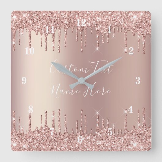 Roos Gold Blush Glitter Sparkle Drift Text Clock Vierkante Klok (Voorkant)