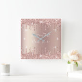 Roos Gold Blush Glitter Sparkle Drift Text Clock Vierkante Klok (Huis)