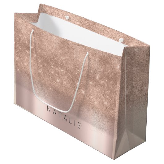 Roos Gold Blush Glitter White Name Spark Groot Cadeauzakje (Voorkant Gekanteld)