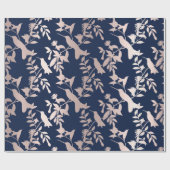 Roos Gold Blush Hummingbird Flowers Blue Navy Cadeaupapier (Vlak)