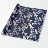 Roos Gold Blush Hummingbird Flowers Blue Navy Cadeaupapier (Uitgerold)
