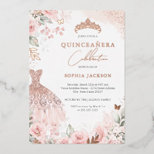 Roos Gold Blush Jurk Bloemen Quinceanera Folie Uitnodiging
