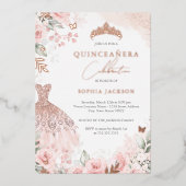Roos Gold Blush Jurk Bloemen Quinceanera Folie Uitnodiging (Voorkant)