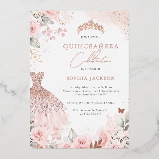 Roos Gold Blush Jurk Bloemen Quinceanera Folie Uitnodiging (Voorkant)