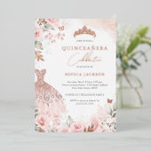 Roos Gold Blush Jurk Bloemen Quinceanera Folie Uitnodiging (Staand Voorkant)