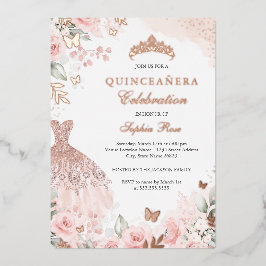 Roos Gold Blush Jurk Bloemen Quinceanera Folie Uitnodiging