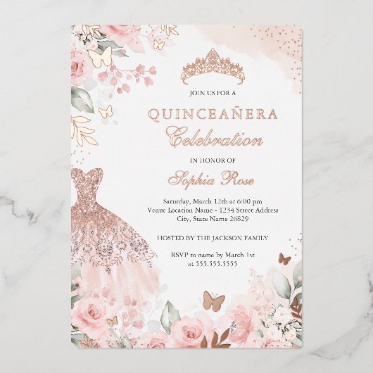 Roos Gold Blush Jurk Bloemen Quinceanera Folie Uitnodiging (Voorkant)