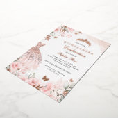 Roos Gold Blush Jurk Bloemen Quinceanera Folie Uitnodiging (Gedraaid)