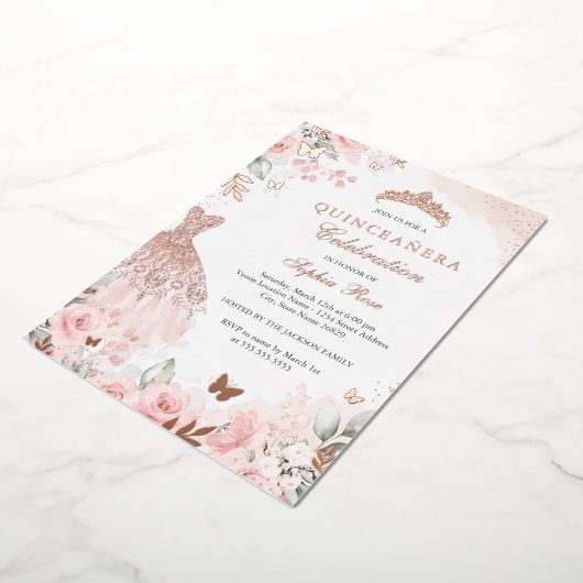 Roos Gold Blush Jurk Bloemen Quinceanera Folie Uitnodiging (Gedraaid)