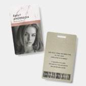 ROOS GOLD BLUSH MARBLE EMPLOYEE FOTO BARCODE NAME BADGE (Voor- en achterkant)