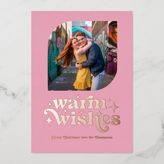 Roos Gold & Blush Modern Retro Kerstfoto Folie Feestdagenkaart (Voorkant)