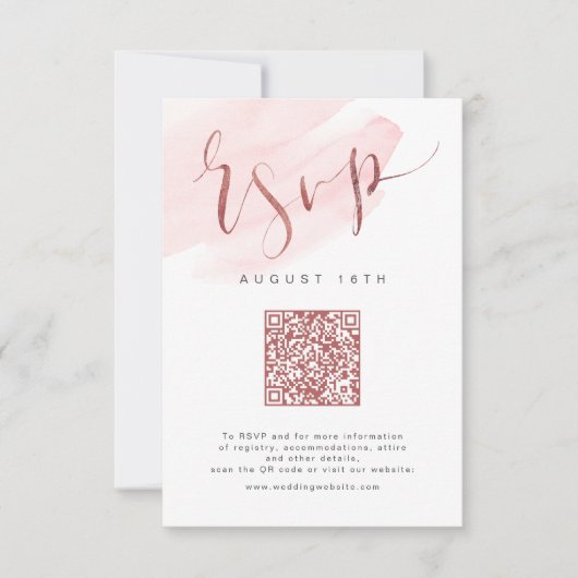 Roos Gold Blush Modern Script bruiloft QR-code RSVP Kaartje (Voorkant)