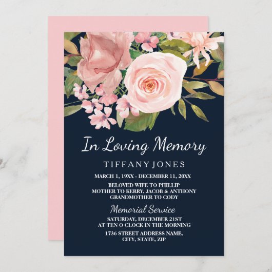 Roos Gold Blush Navy Memorial Notice Service Kaart (Voorkant / Achterkant)