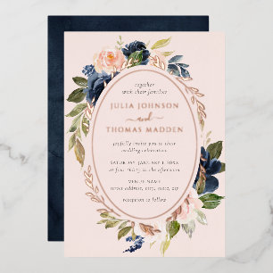 Roos Gold Blush Navy Wedding Bloemen Bloemen Folie Uitnodiging