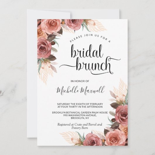 Roos Gold, Blush Pampas Grass Floral Bridal Brunch Kaart (Voorkant)