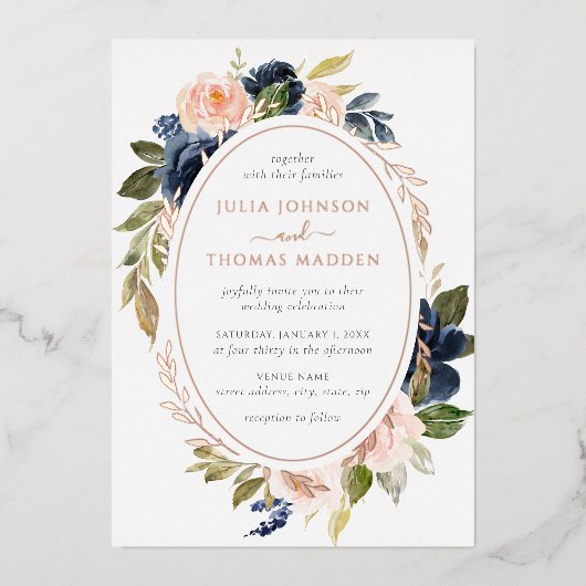 Roos Gold Blush Peach Navy Bloemen Huwelijk Folie Uitnodiging (Voorkant)