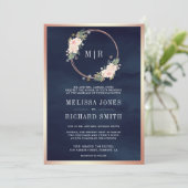 Roos Gold Blush Pink All in One Navy Blue Wedding Kaart (Staand voorkant)