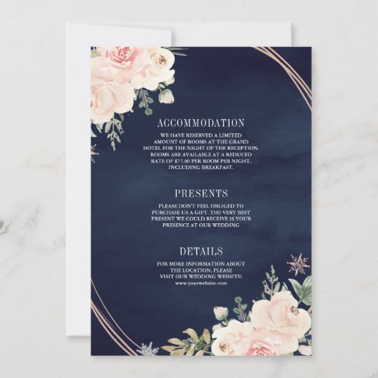 Roos Gold Blush Pink All in One Navy Blue Wedding Kaart (Achterkant)