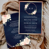 Roos Gold Blush Pink All in One Navy Blue Wedding Kaart