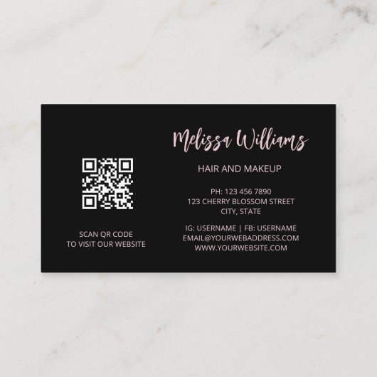 Roos Gold Blush Pink Black Floral | QR-code Busine Visitekaartje (Achterkant)